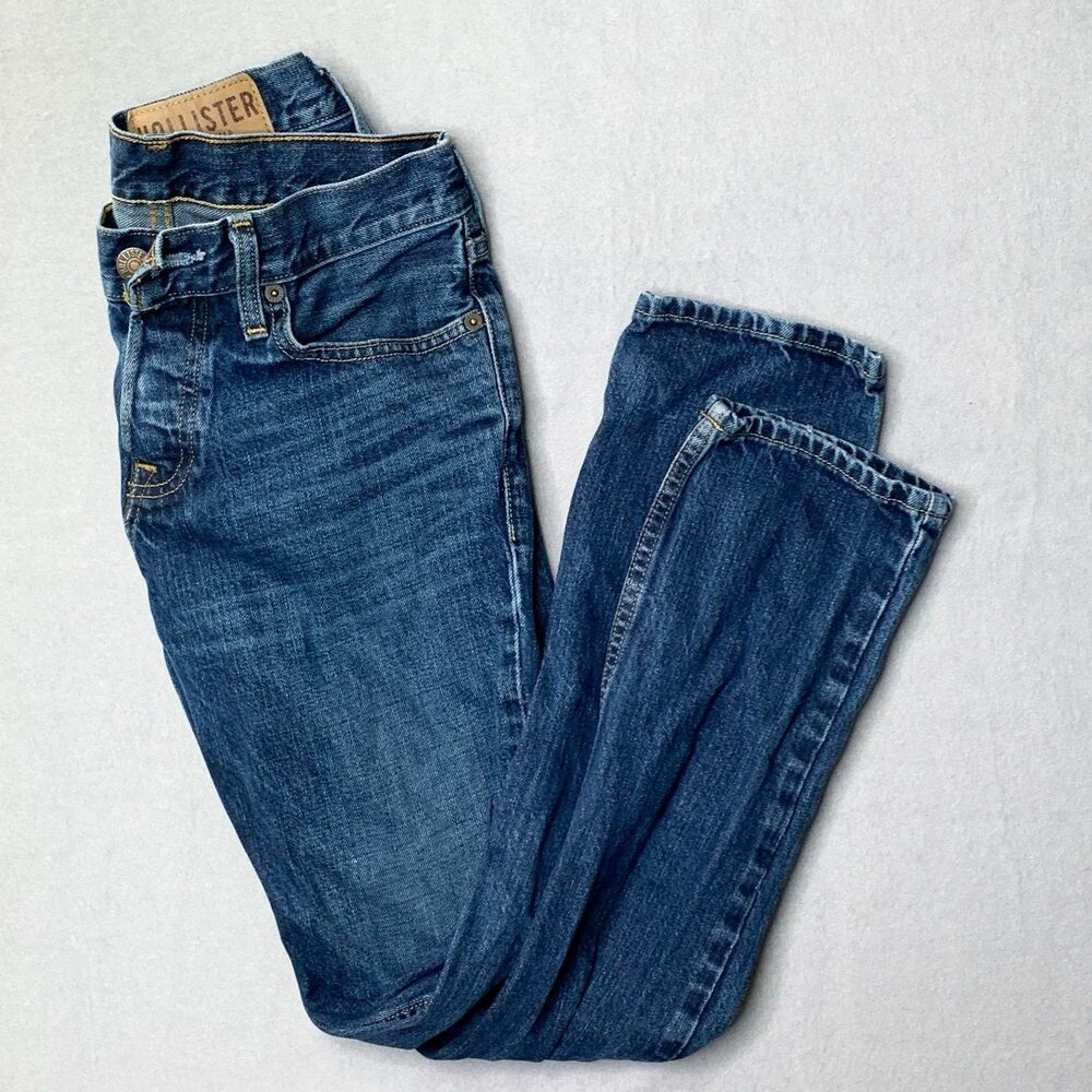Hollister Jeans Mens 28x30 Blue Skinny Distressed Dark Denim Button Fly